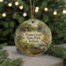 A round ornament with a scenic illustration of Potato Creek State Park, Indiana, featuring a wooden bridge, deer, bird, and canoe.