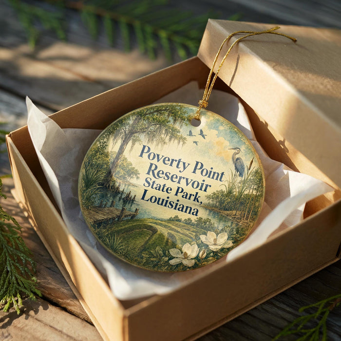 A wooden box containing a decorative ornament with a landscape scene and text that reads "Poverty Point Reservoir State Park Louisiana".