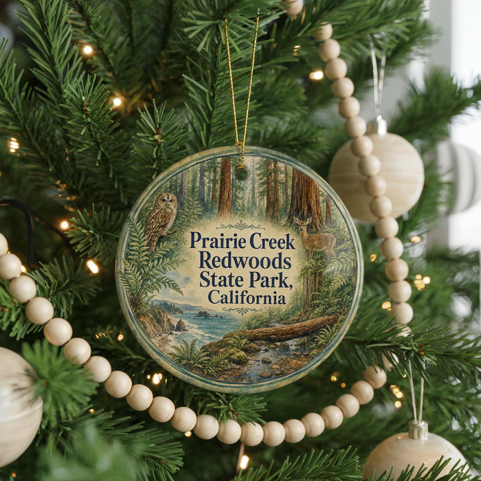 A round ornament hanging on a Christmas tree, featuring an illustration of a forest scene with an owl.