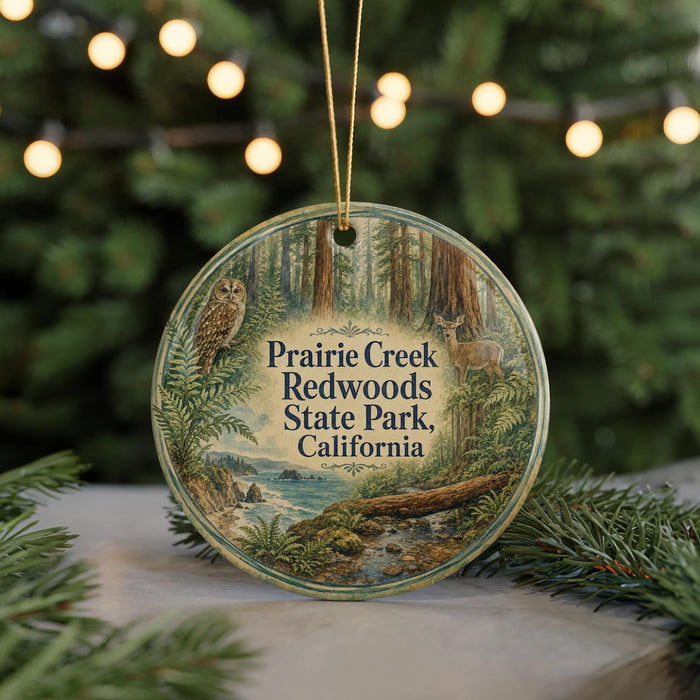 A round ornament with a forest scene and an owl, featuring the text "Prairie Creek Redwoods State Park, California".