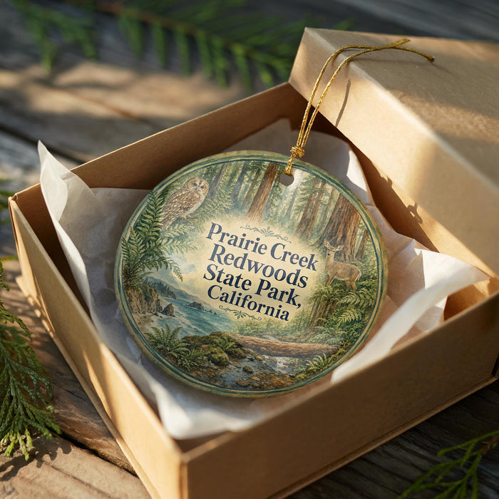 A decorative ornament in a wooden box, featuring an illustration of a forest scene with an owl and deer.