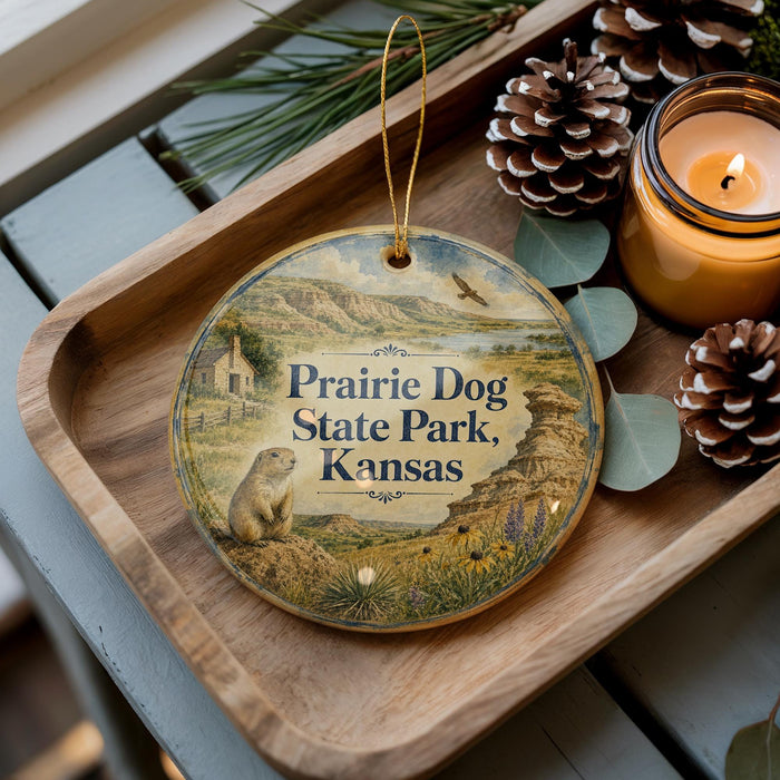 A decorative ornament featuring a prairie dog and the text "Prairie Dog State Park, Kansas" is displayed on a wooden tray, accompanied by pine cones and a lit candle.