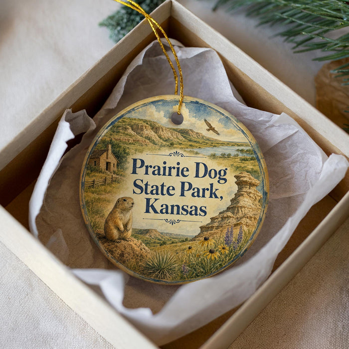 A decorative ornament in a box, featuring a prairie dog and a scenic landscape, with the text "Prairie Dog State Park, Kansas" prominently displayed.