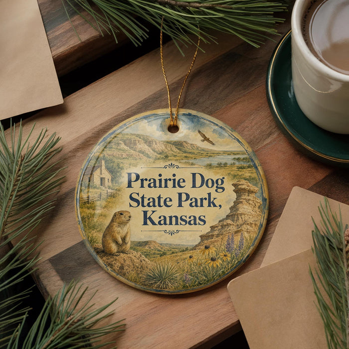 A decorative ornament featuring a prairie dog and the text "Prairie Dog State Park, Kansas" is displayed on a wooden surface, accompanied by pine branches and a cup of coffee.