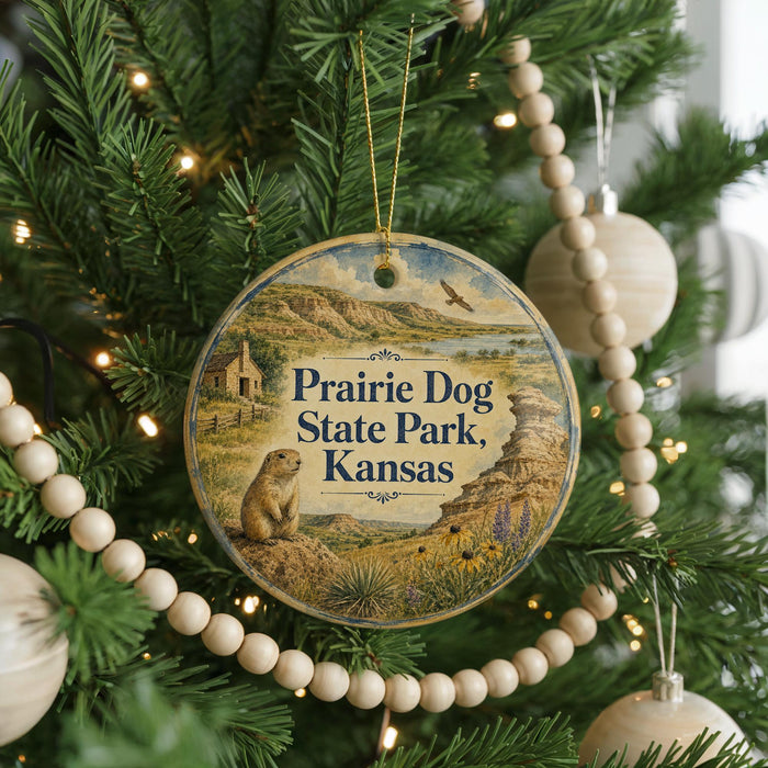 A round ornament hanging on a Christmas tree, featuring a scenic image of a prairie dog in a field with mountains in the background.