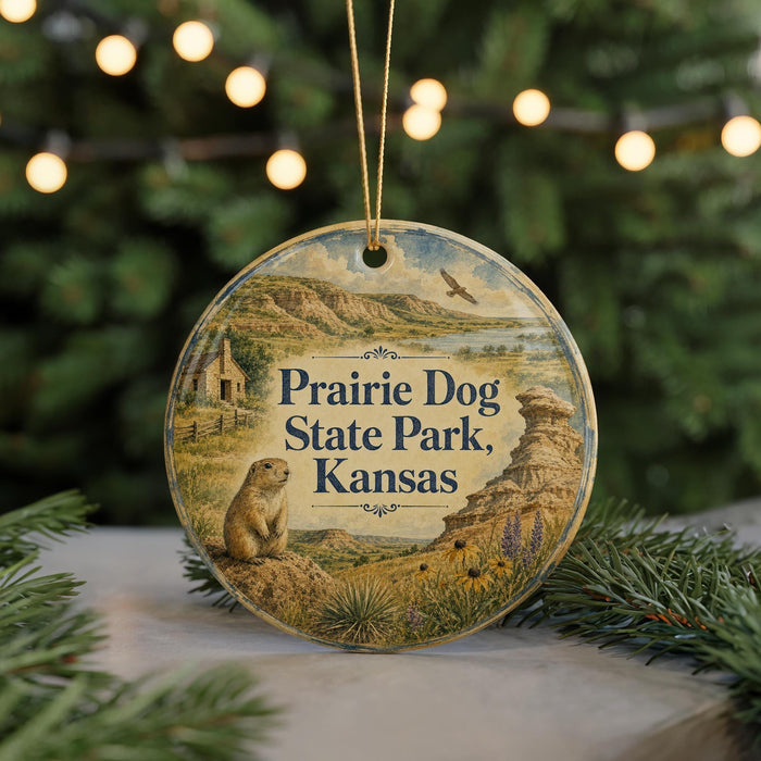 A round ornament with a picture of a prairie dog and a scenic landscape, hanging from a string.