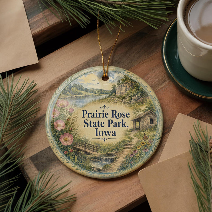 A decorative ornament featuring a scenic landscape of Prairie Rose State Park, Iowa, with a small cabin and a stream. The ornament is hanging on a wooden surface, surrounded by pine branches and a cup of coffee.