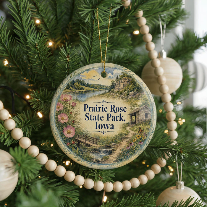 A round ornament hanging on a Christmas tree, featuring a scenic landscape with a river, bridge, and house.