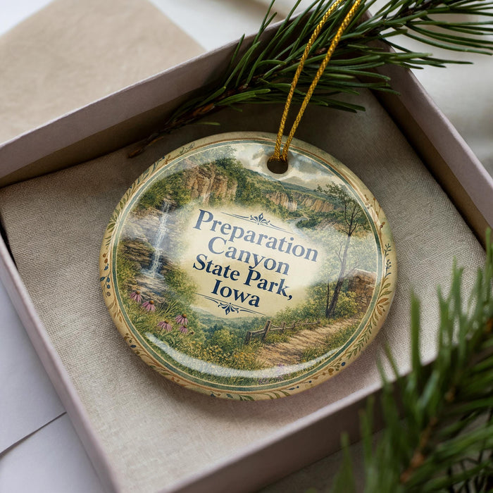 A decorative ornament in a box, featuring a scenic landscape with a waterfall and greenery, with the text "Preparation Canyon State Park, Iowa" printed on it.
