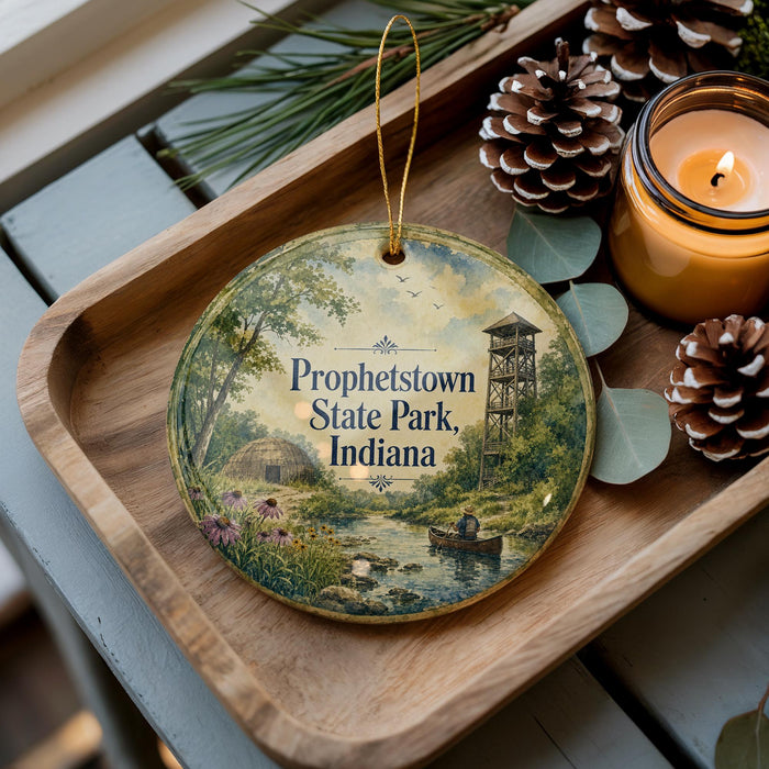 A wooden tray with a decorative ornament featuring a scenic landscape of Prophetstown State Park, Indiana, and a small boat on a river.