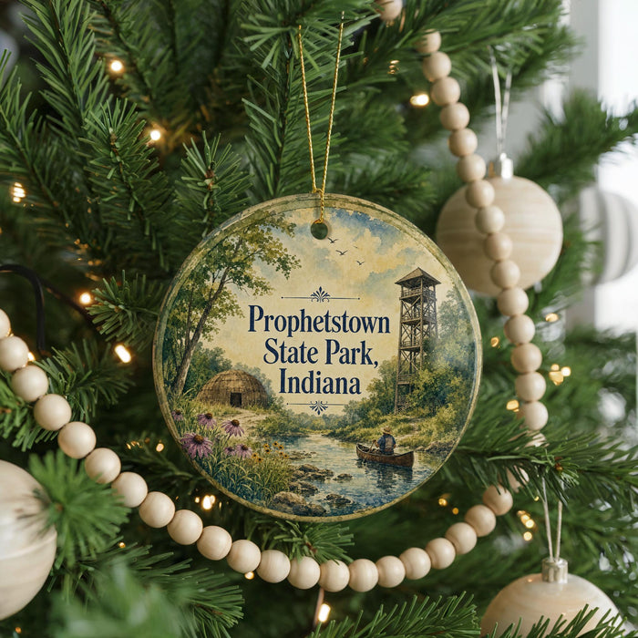 A round ornament hanging on a Christmas tree, featuring a scenic landscape with a river, a lighthouse, and a small boat.
