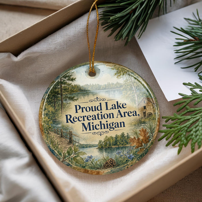 A round ornament with a scenic landscape and text, placed in a box with pine branches.