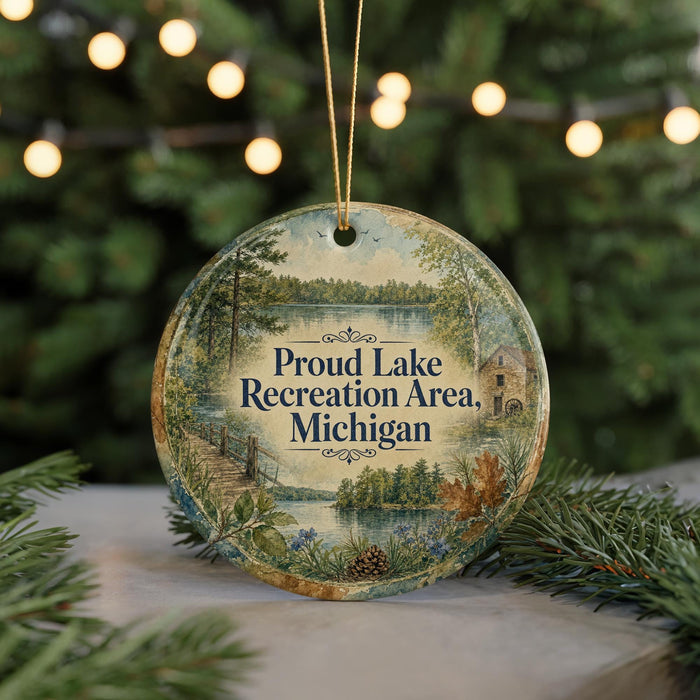 A round ornament with a scenic lake and forest landscape, featuring the text "Proud Lake Recreation Area, Michigan" on it.