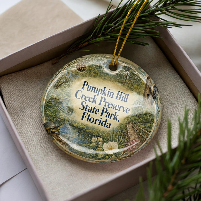 A decorative ornament in a box, featuring a scenic image of Pumpkin Hill, a preserve in Florida.