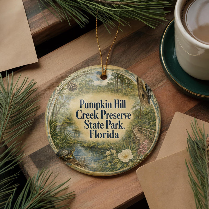 A decorative ornament with the text "Pumpkin Hill Creek Preserve State Park, Florida" is displayed on a wooden surface, surrounded by pine branches and a cup of coffee.