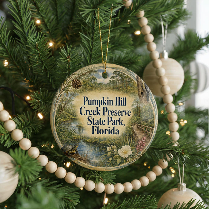 A Christmas tree decorated with ornaments, including a round ornament with the text "Pumpkin Hill Creek Preserve State Park, Florida" on it.
