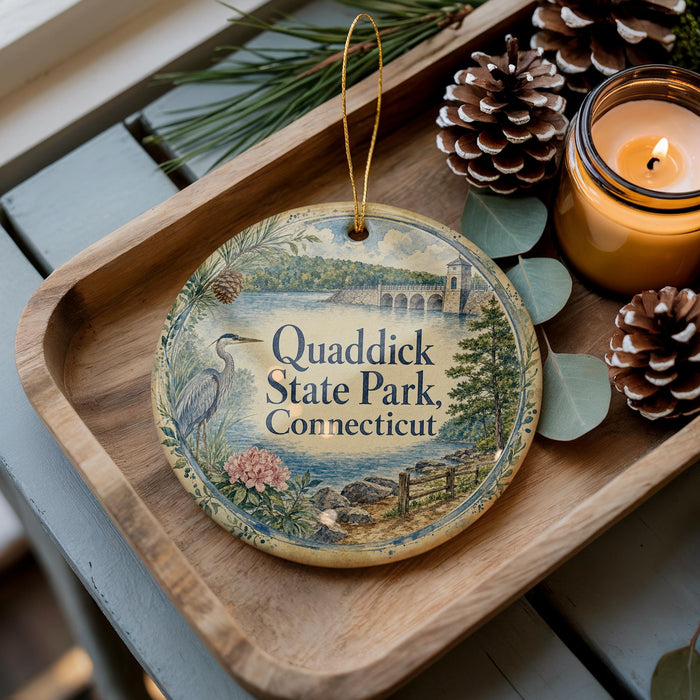 A decorative ornament with a scenic image of Quaddick State Park, Connecticut, featuring a bird, pine cones, and a candle on a wooden tray.