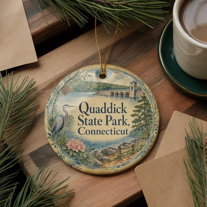 A decorative ornament with a scenic image of Quaddick State Park, Connecticut, featuring a bird, pine trees, and a body of water.