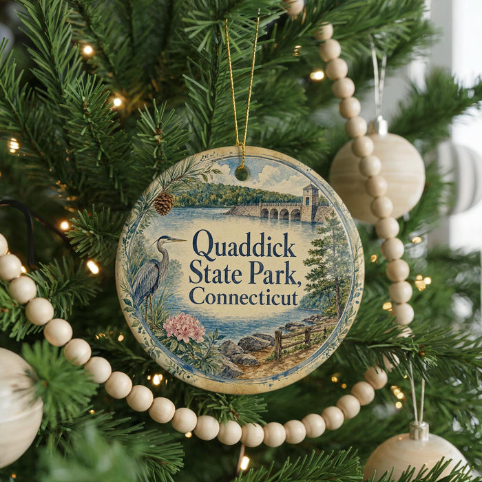 A round ornament on a Christmas tree, featuring a scenic image of Quad Dick State Park in Connecticut.