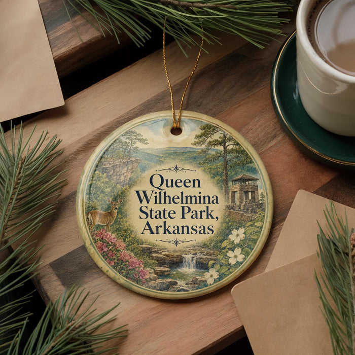 A round ornament with a scenic image of Queen Wilhelm State Park, Arkansas, hanging on a wooden surface.