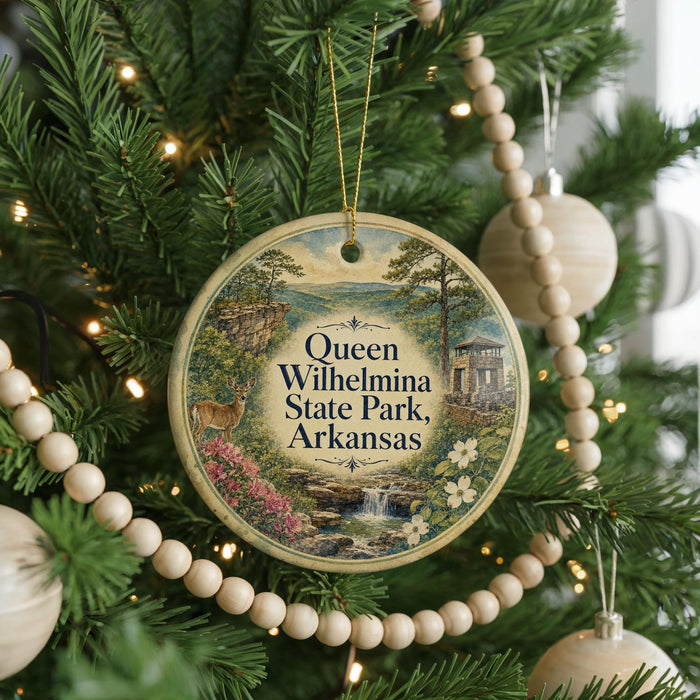 A round ornament hanging on a Christmas tree, featuring a scenic landscape with a waterfall and a house.