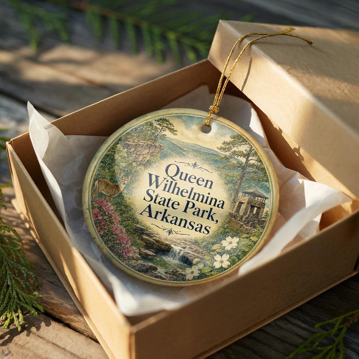 A decorative ornament in a box, featuring a scenic landscape with a river, trees, and flowers.
