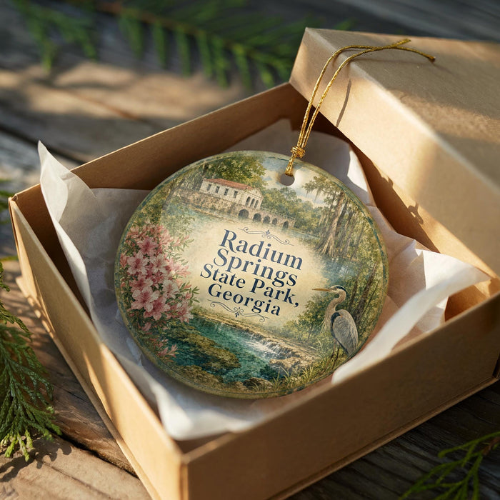 A decorative ornament in a box, featuring a scenic image of Radium Springs State Park in Georgia.