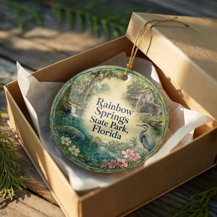 A decorative ornament in a wooden box, featuring a scenic landscape with a house, trees, and a bird, along with the text "Rainbow Springs State Park, Florida".