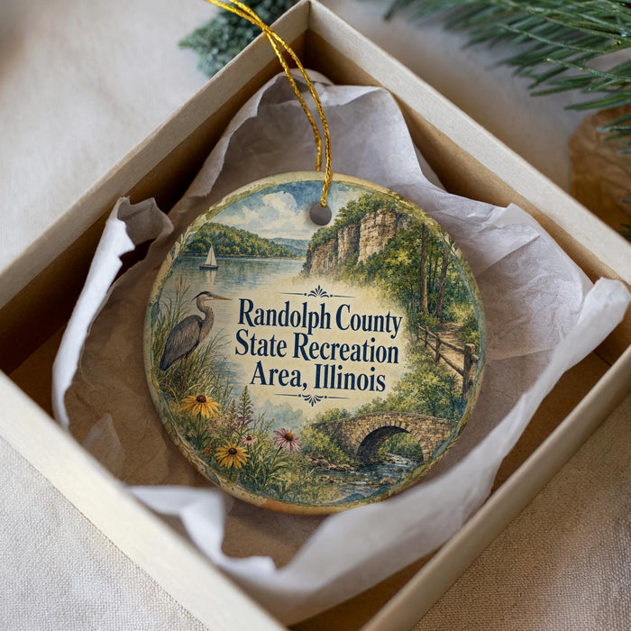 A decorative ornament in a box, featuring a scenic landscape with a lake, bridge, and wildlife.
