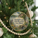 A round ornament hanging on a Christmas tree, featuring a scenic landscape with a lake, mountains, and a bird.