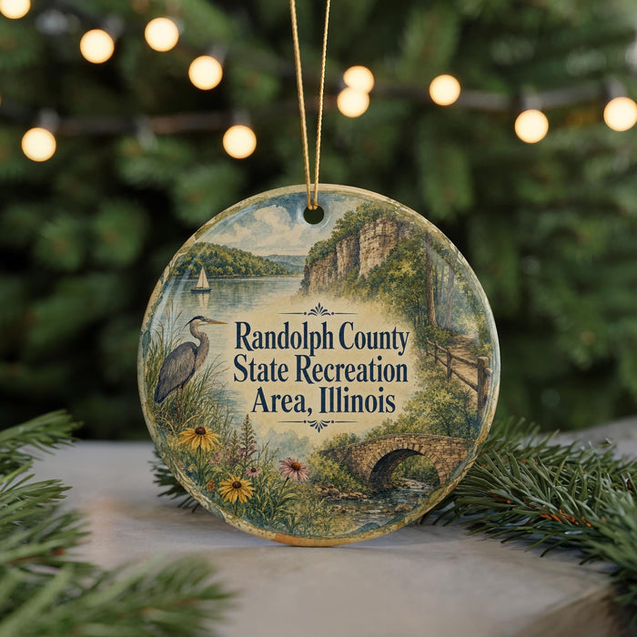A decorative ornament featuring a scenic landscape with a lake, bridge, and wildlife, including a crane, against a backdrop of greenery and a string of lights.