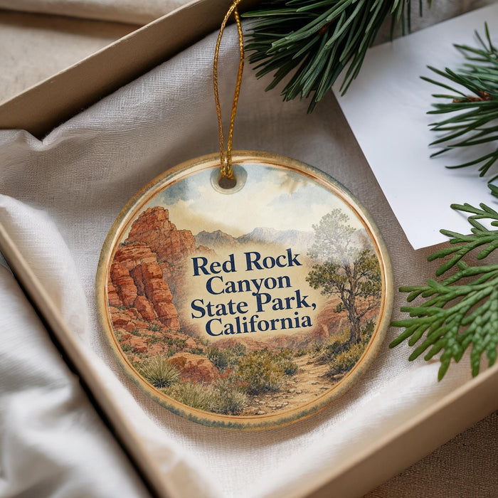 A decorative ornament with a scenic image of the Red Rock Canyon State Park in California, featuring a mountain landscape and a path leading through the park.