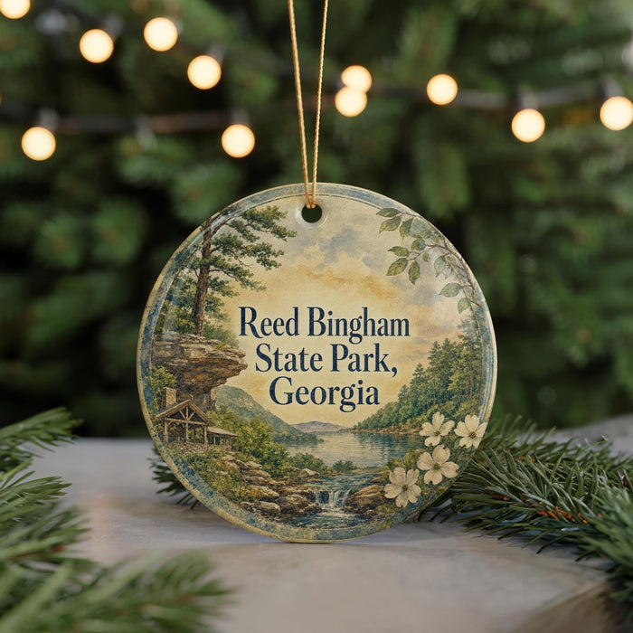 A round ornament with a scenic landscape of Reed Bingham State Park, Georgia, featuring a waterfall and pine trees, is displayed on a table with a blurred background of Christmas lights.