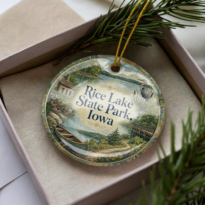 A decorative ornament with a scenic image of Rice Lake State Park, Iowa, displayed in a box with pine branches.