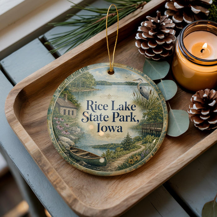 A decorative ornament with a scenic image of Rice Lake State Park, Iowa, featuring a canoe, pine trees, and a bird, is displayed on a wooden tray alongside a lit candle and pine cones.