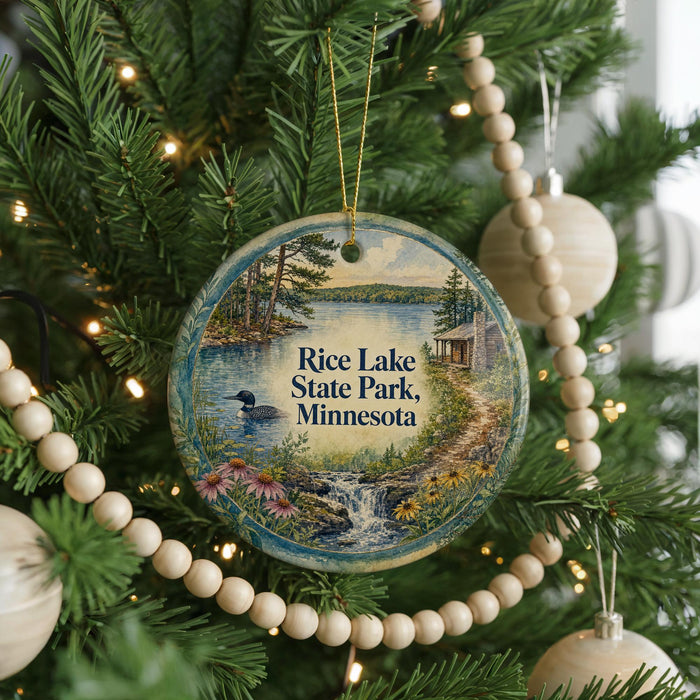 A round ornament hanging on a Christmas tree, featuring a scenic landscape with a lake, trees, and a waterfall.