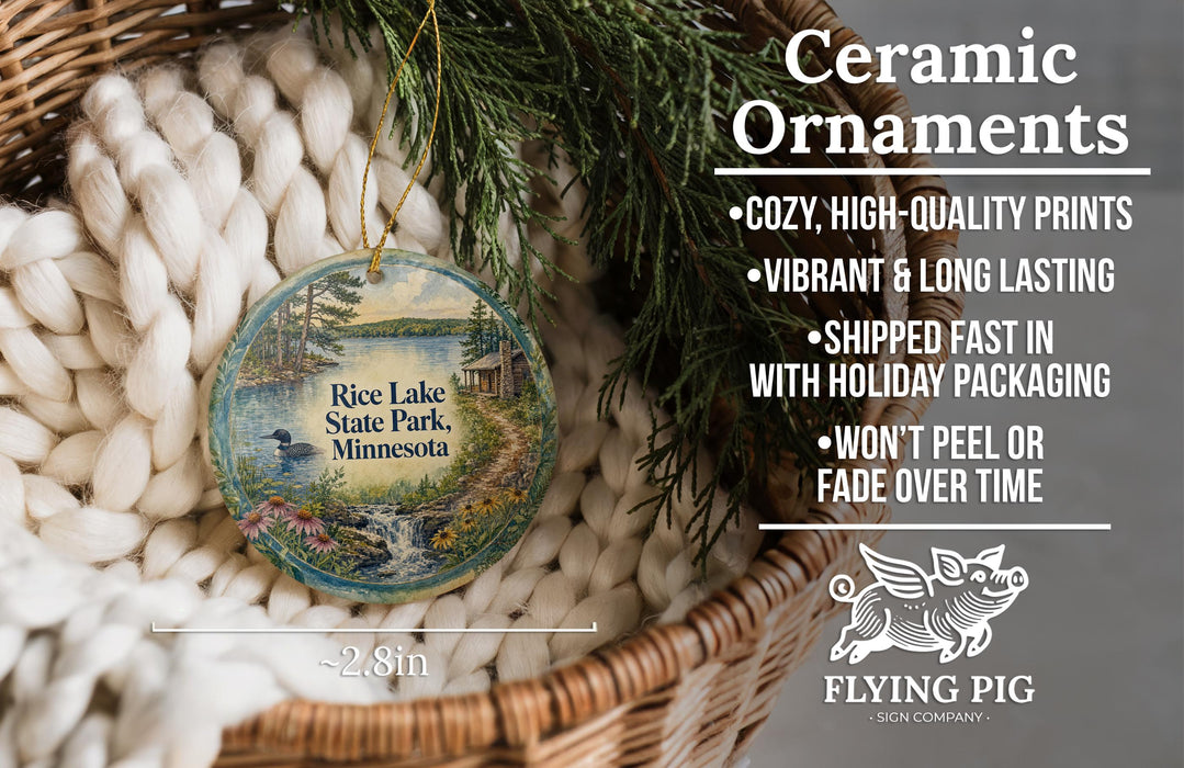 Ceramic ornaments, featuring a scenic image of Rice Lake State Park, Minnesota, hanging from a wicker basket.