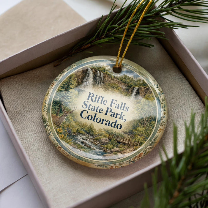 A decorative ornament in a box, featuring a scenic image of Rifle Falls State Park in Colorado.