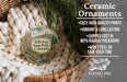 Ceramic ornaments, featuring a design of a mountain landscape with a river, are displayed in a basket. The text highlights the ornaments as "Ceramic Ornaments" and provides information about their features, such as being "Cozy, High-quality Prints", "Vibrant & Long Lasting", "Shipped Fast in with Holiday Packaging", and " Won't Peel or Fade Over Time".