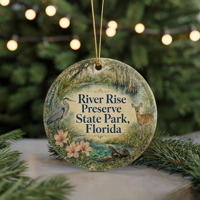 A round ornament with a design featuring a bird, a deer, and a pond, along with the text "River Rise Preserve State Park, Florida".