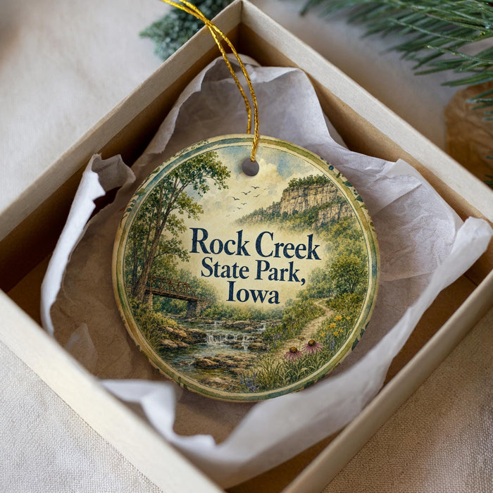A round ornament with a scenic landscape of Rock Creek State Park in Iowa, featuring a bridge and a stream.