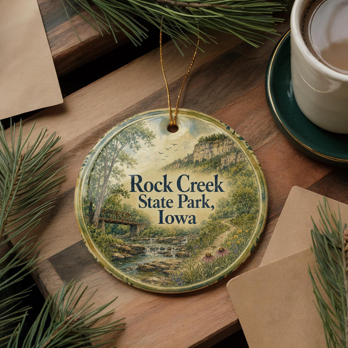 A decorative ornament featuring a scenic landscape of Rock Creek State Park, Iowa, with a bridge and waterway in the foreground.