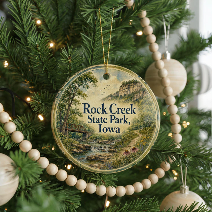 A round ornament hanging on a Christmas tree, featuring a scenic landscape with a river, bridge, and mountains.