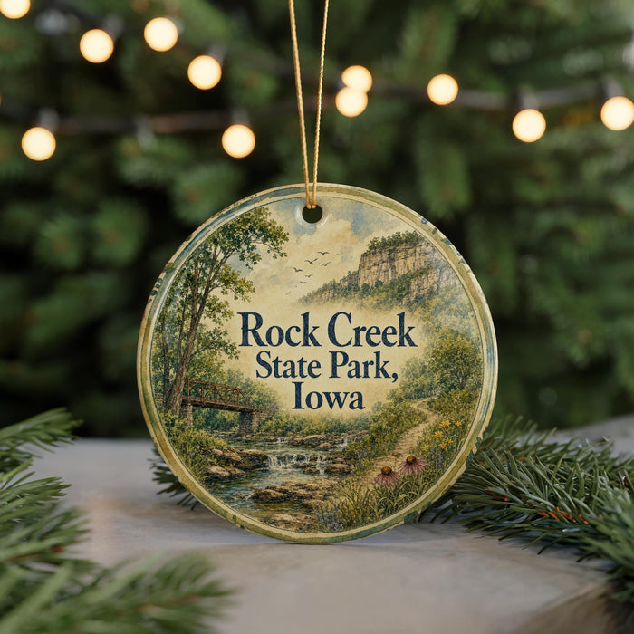 A round ornament with a scenic landscape of a river, bridge, and trees, featuring the text "Rock Creek State Park, Iowa".