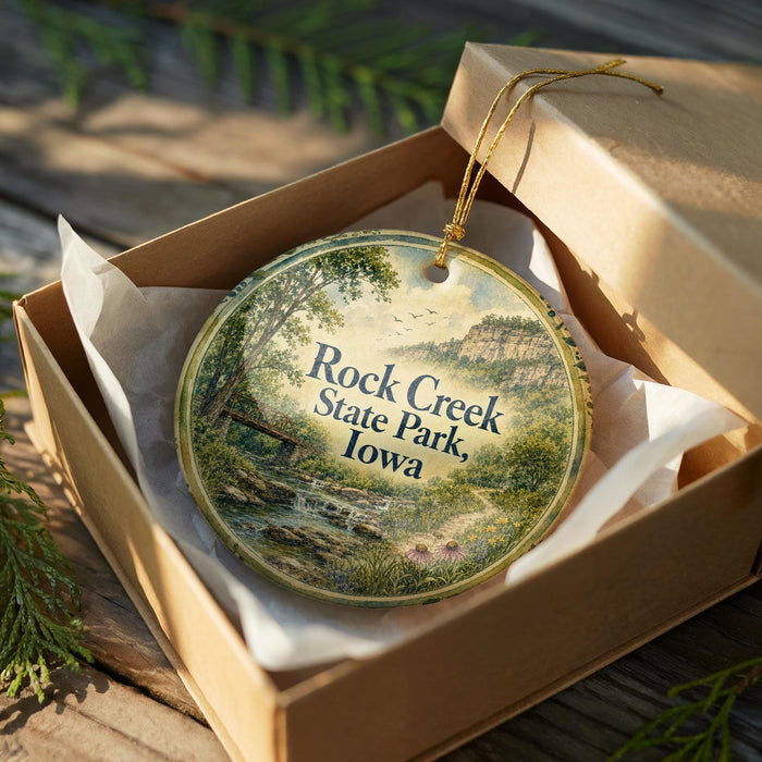 A round ornament in a box, featuring a scenic landscape of Rock Creek State Park in Iowa.