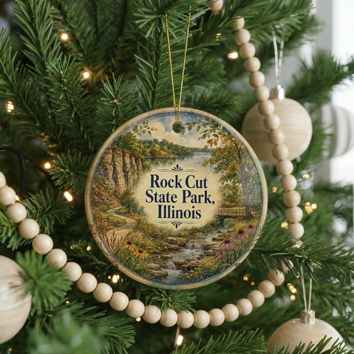 A round ornament hanging on a Christmas tree, featuring a scenic landscape with a river and mountains.