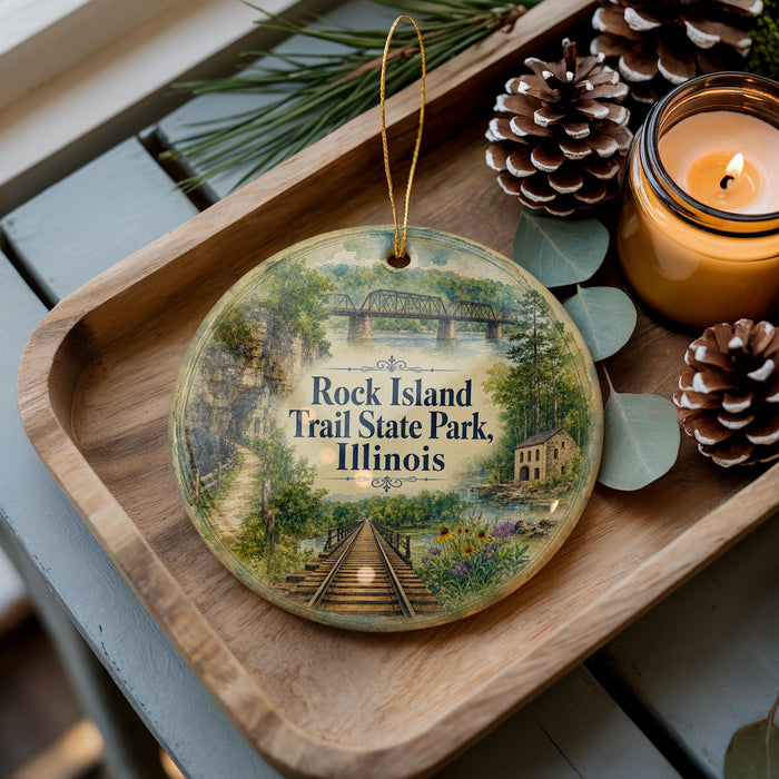 A decorative ornament featuring a scenic image of Rock Island Trail State Park in Illinois, with a candle and pine cones on a wooden tray.