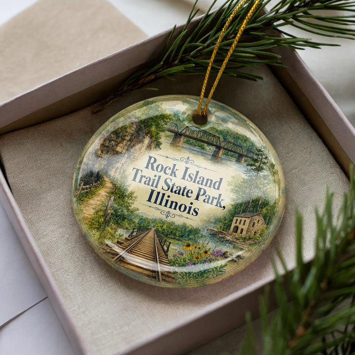 A decorative ornament in a box, featuring a scenic image of Rock Island Trail State Park in Illinois.
