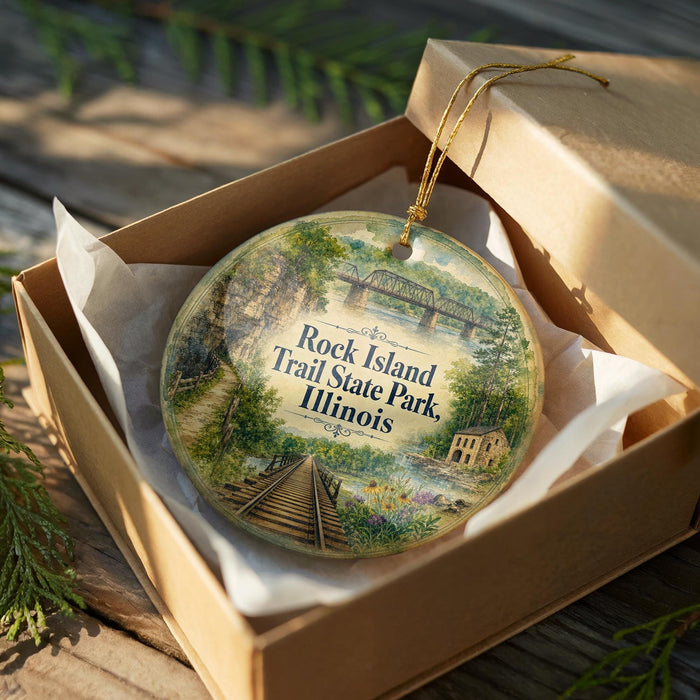 A decorative ornament in a box, featuring a scenic image of Rock Island Trail State Park in Illinois.