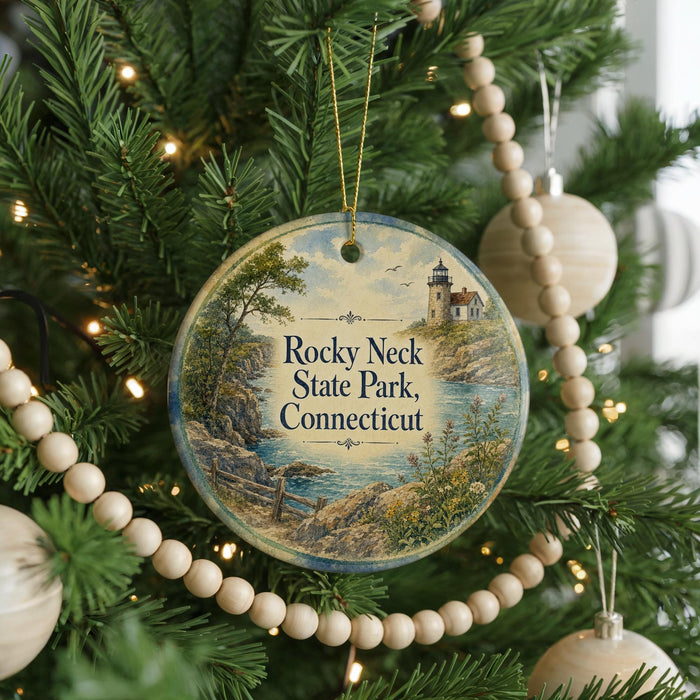 A round ornament hanging on a Christmas tree, featuring a scenic landscape with a lighthouse and a body of water.